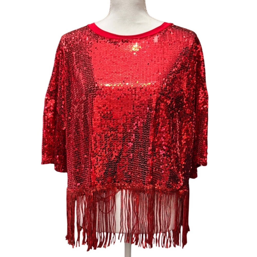 Timing Red Sequin Fringe Hem Top Party Glam‎ Short Sleeve Large